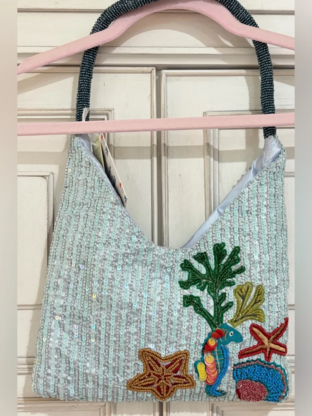 NWT Made in India Beaded Ocean Tote Handbag with Turtle & Shell Motif - Aqua - Picture 3 of 8